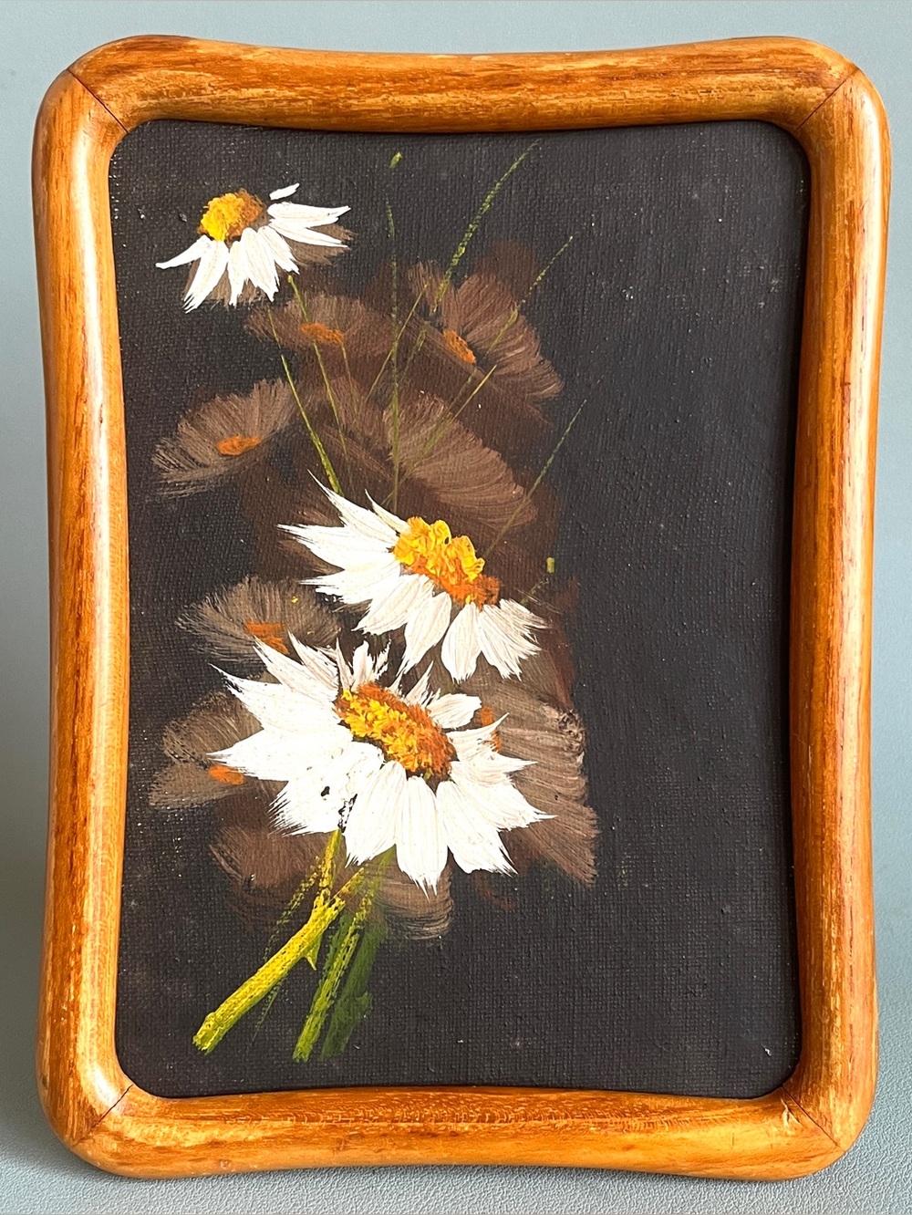 Original Oil Painting Vintage Daisies Flower Power Art Mid Century Wood Frame
